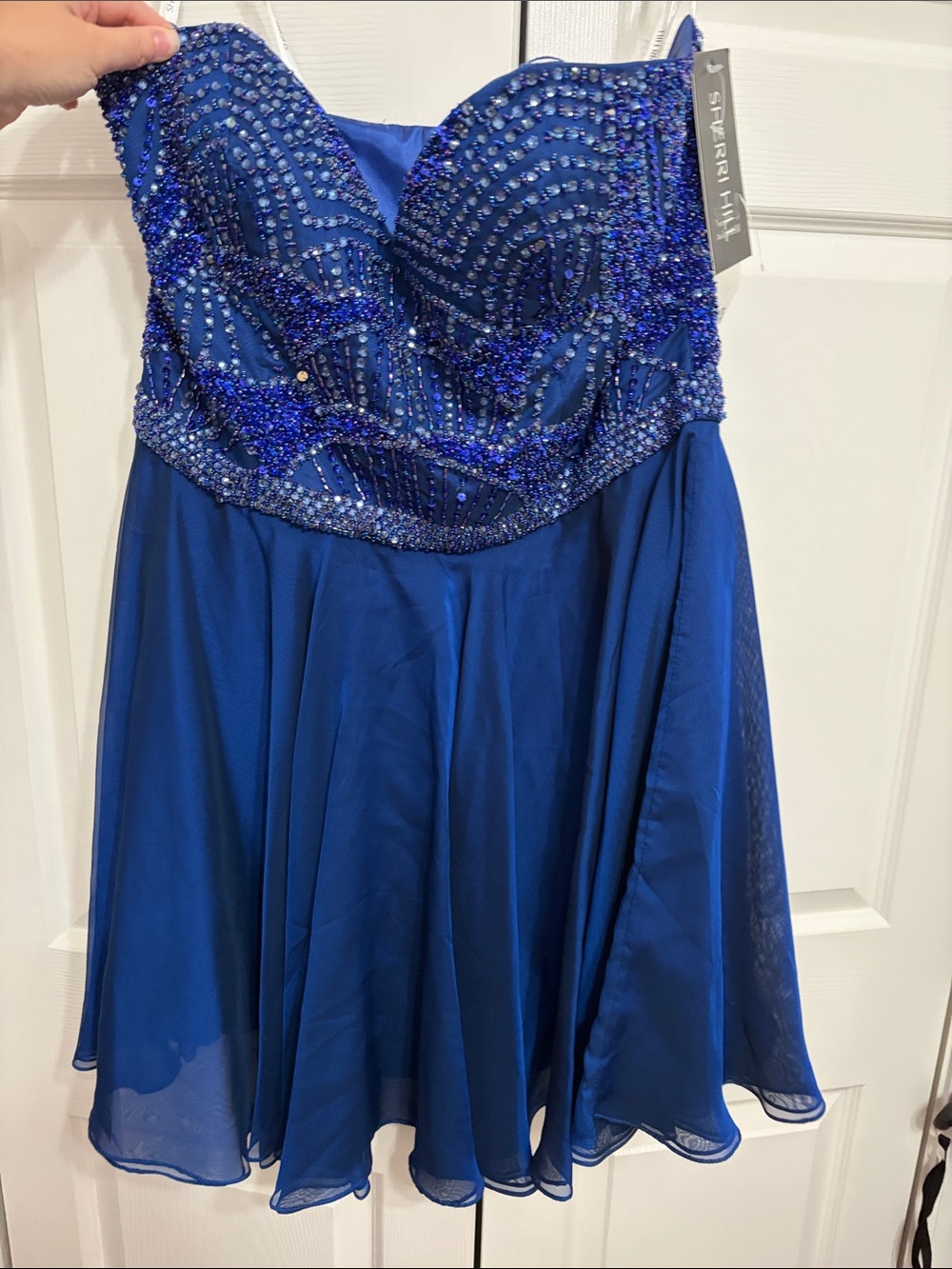 Sherri Hill Royal Blue Strapless Beaded Chiffon Short Dress